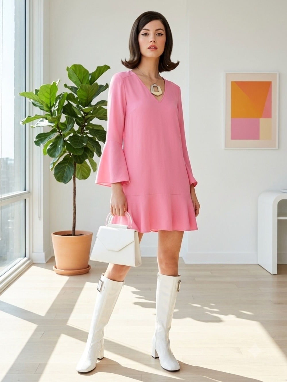 Anthropologie HD in Paris Fuchsia Pink Bell Sleeve Shift Dress - US 4 / Small